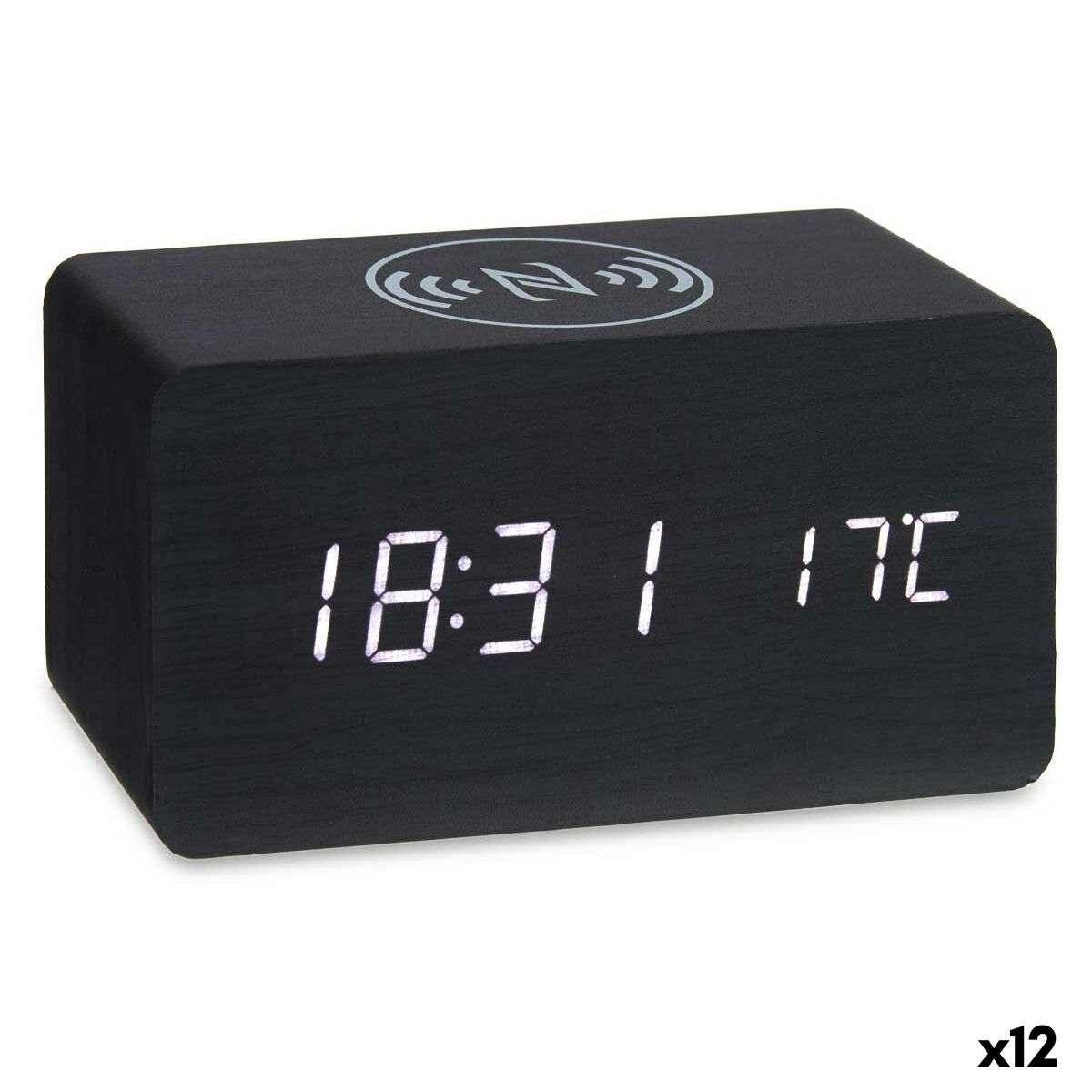 Alarmklok met Draadloze Oplader Zwart PVC Hout MDF 15 x 7,5 x 7 cm (12 Stuks)