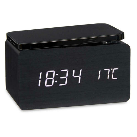 Alarmklok met Draadloze Oplader Zwart PVC Hout MDF 15 x 7,5 x 7 cm (12 Stuks)